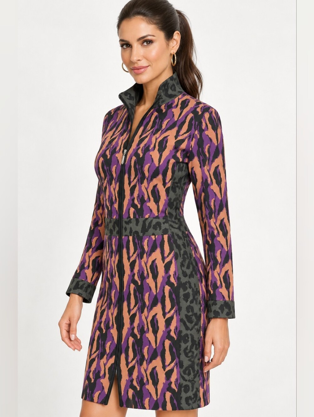 Carlisle Collection Dress L Purple Animal Print Jacquard Knit Zip Long Sleeve
